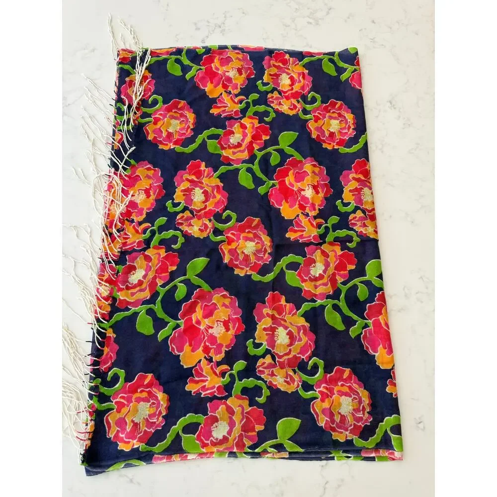 Lilly Pulitzer Silk Cashmere Blend Floral Fringe Wrap Scarf Purple Pink 74x29
